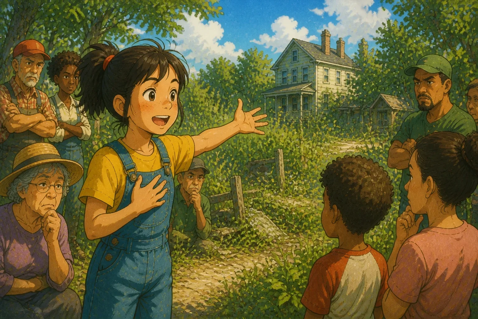 Rosie standing confidently in front of a group of skeptical townsfolk, sharing her vision for the garden amidst a faded, neglected lot.