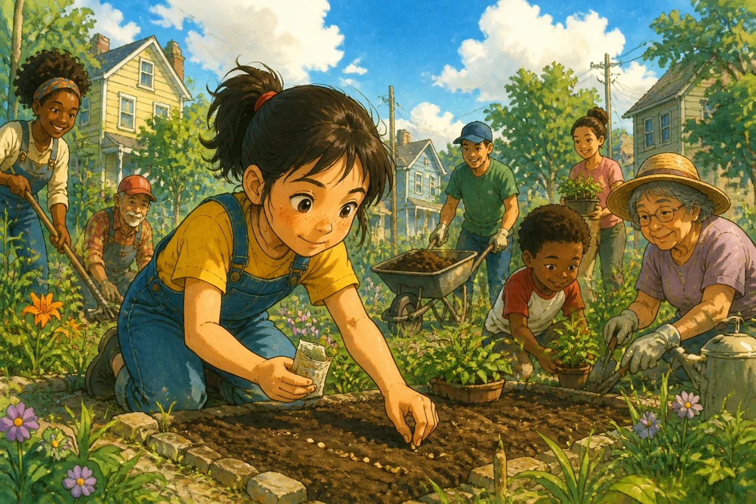 Young girl Rosie planting seeds in a community garden with neighbors helping and smiling, symbolizing hope and community effort.