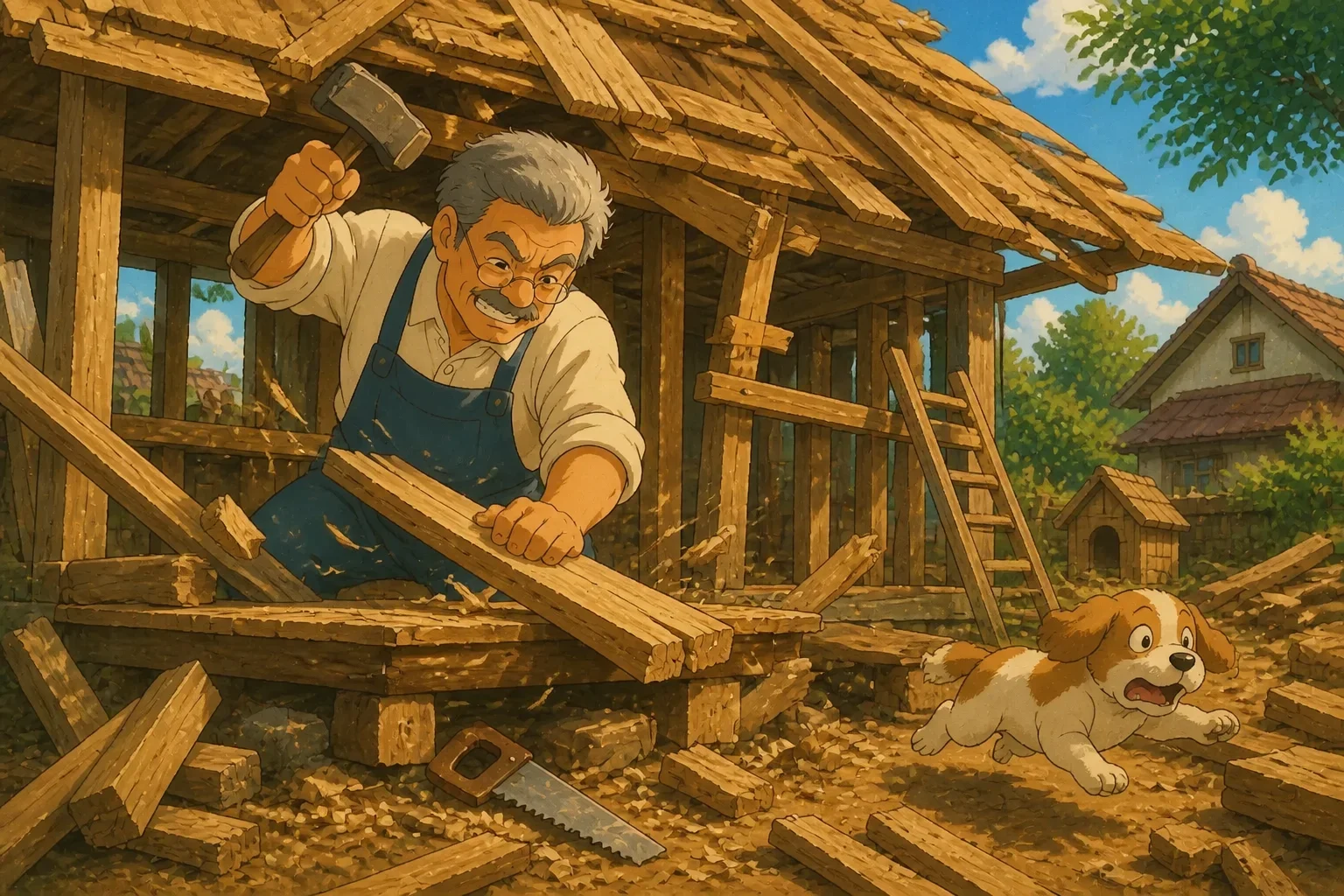 A tired and hurried carpenter rushing to finish building a house, with incomplete and uneven wooden structures, showing signs of haste and carelessness.
