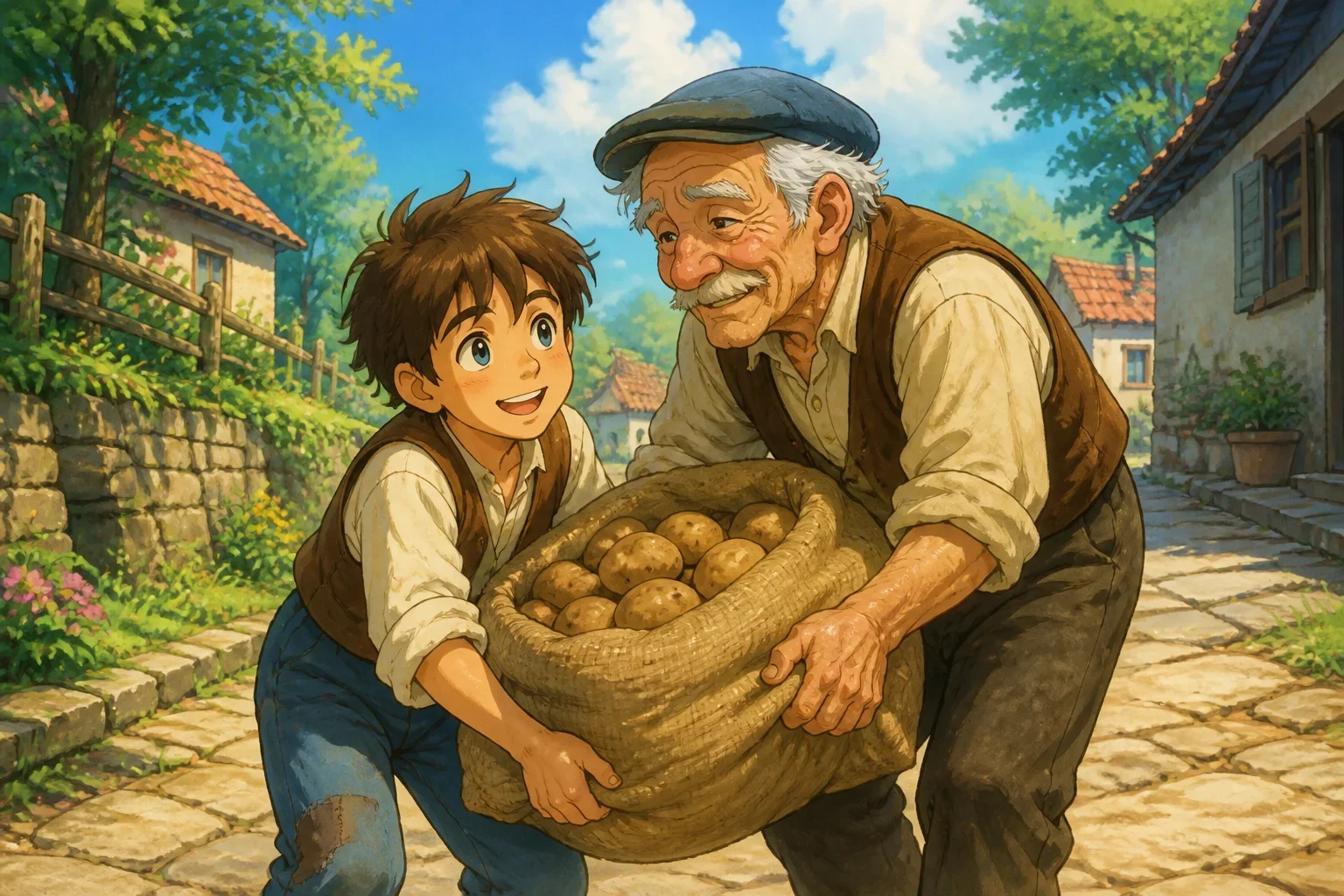 Young boy Sam helping an elderly man lift a heavy sack of potatoes on a village street, showing kindness and compassion.