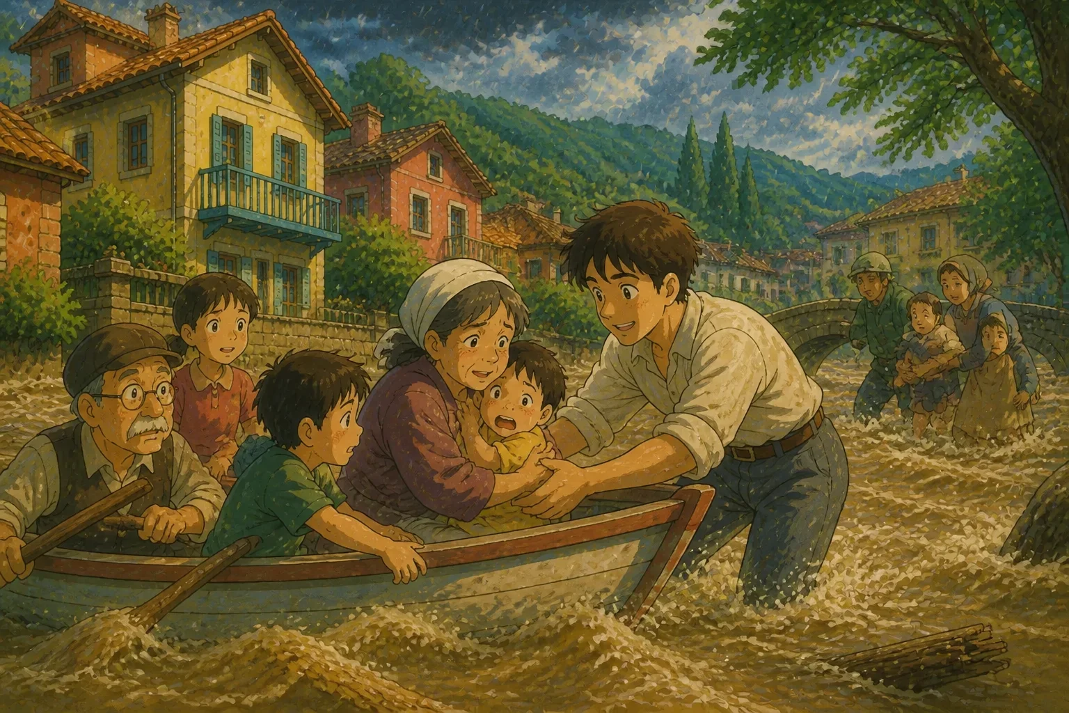 A young man in simple clothes helping villagers onto a boat during a flood, with a gentle, determined expression.