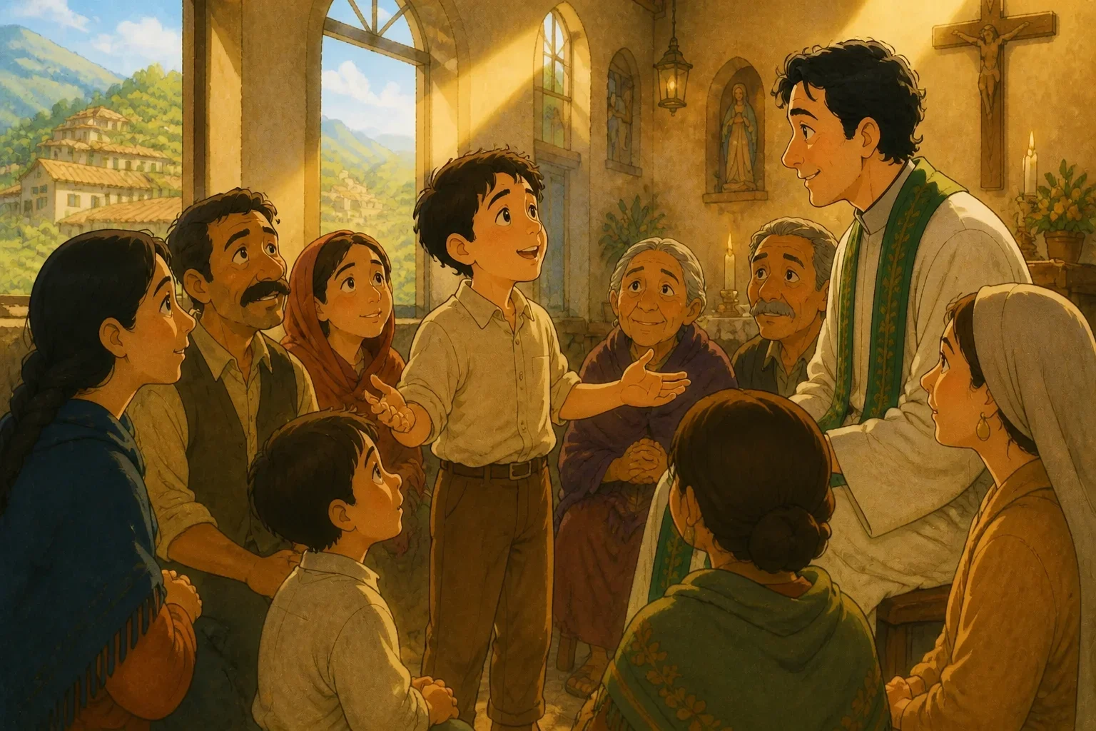 A young boy named Samuel speaking passionately to Father Michael and villagers, suggesting they gather to pray for rain, in a hopeful and determined manner.