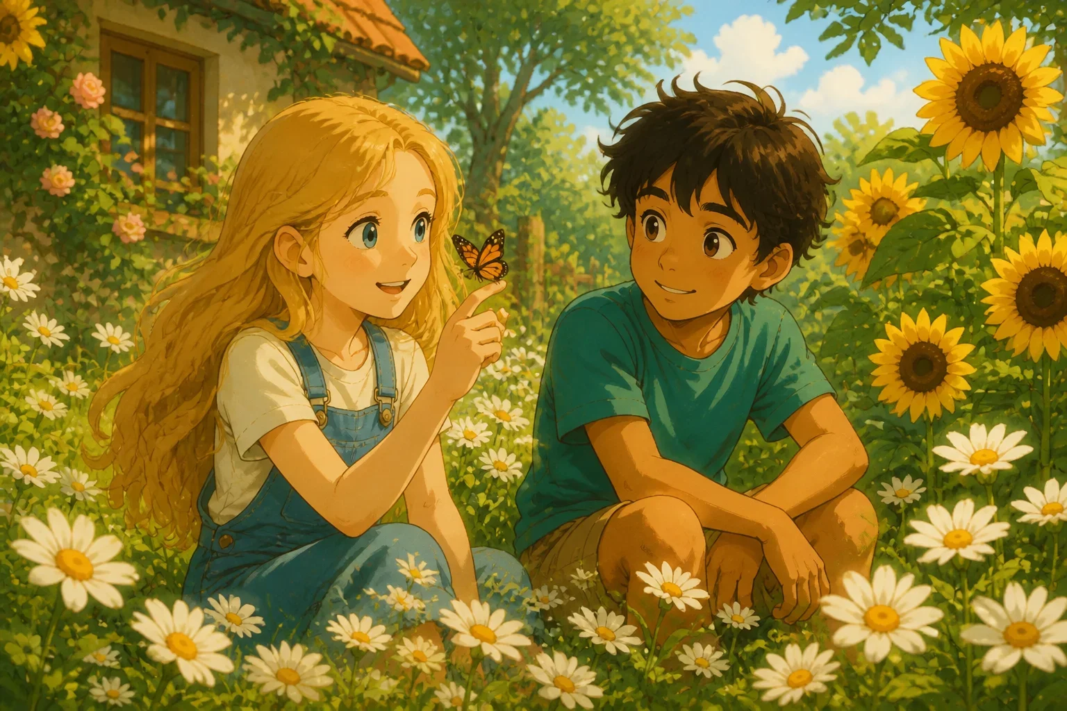 A young girl with long golden hair smiling and approaching a boy sitting on a rock, sketching in a notebook in a sunny garden filled with daisies.