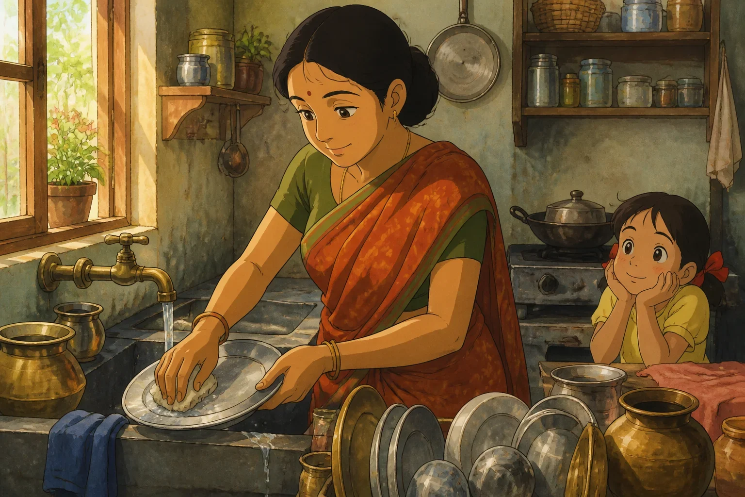 A humble mother washing dishes in a small kitchen, her face showing determination and love as she works tirelessly.