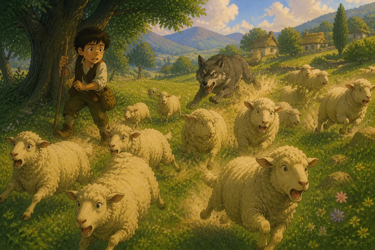 A frightened flock of sheep scattering in all directions as a wolf attacks, with the shepherd boy watching helplessly.