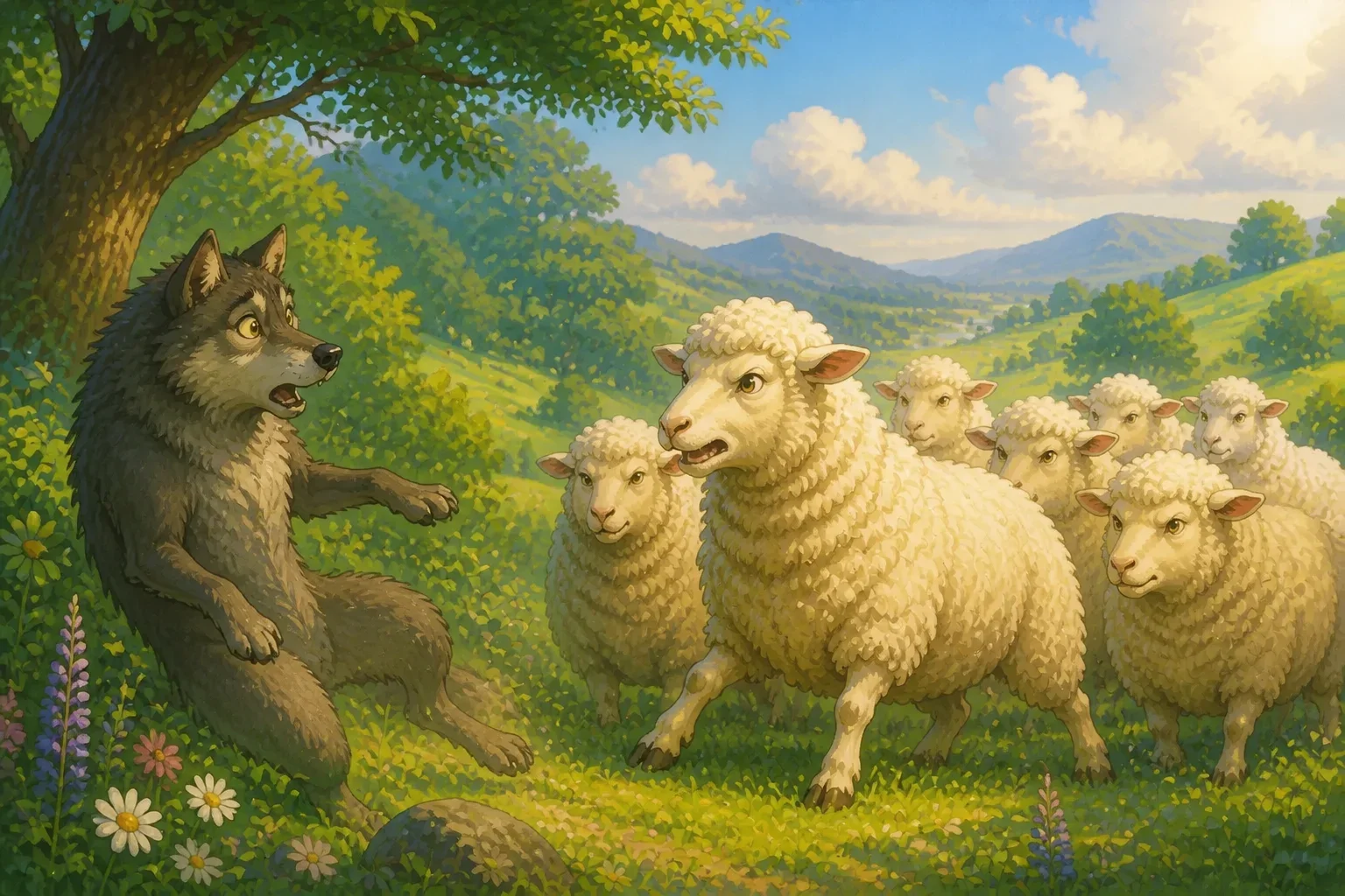 A brave sheep with determined eyes standing at the front of a flock, facing a wolf who looks surprised and hesitant, with the flock gathered closely together in a safe spot.