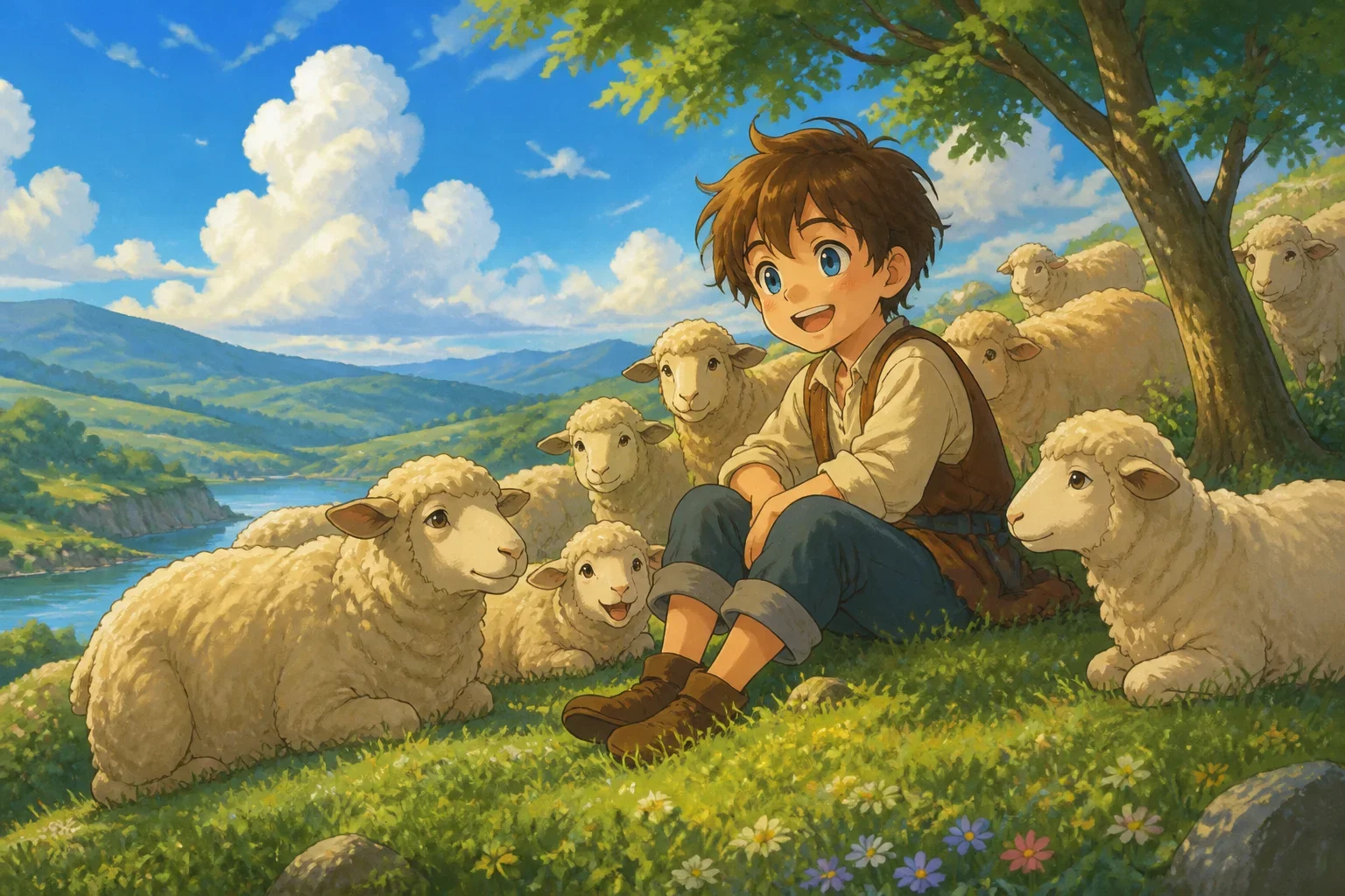 Young shepherd boy sitting on a grassy hill overlooking a lush meadow filled with sheep under a clear blue sky, with a mischievous smile on his face.