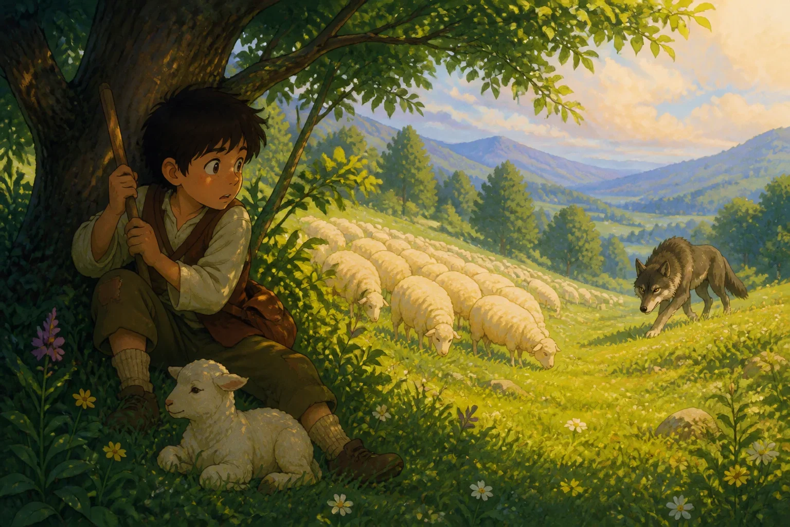 A young shepherd boy sitting under a tree, looking surprised and worried as he notices a real wolf approaching his flock of sheep in the meadow.