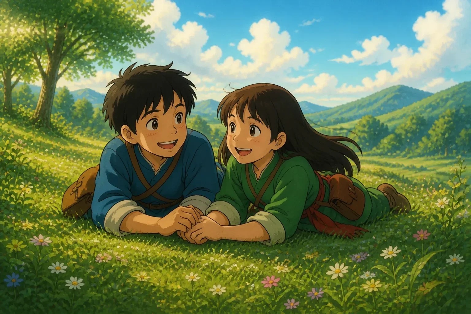 A joyful sister and brother lying on the grass under a bright sky, after escaping the cavern, both smiling with gratitude and relief, showing love and harmony.