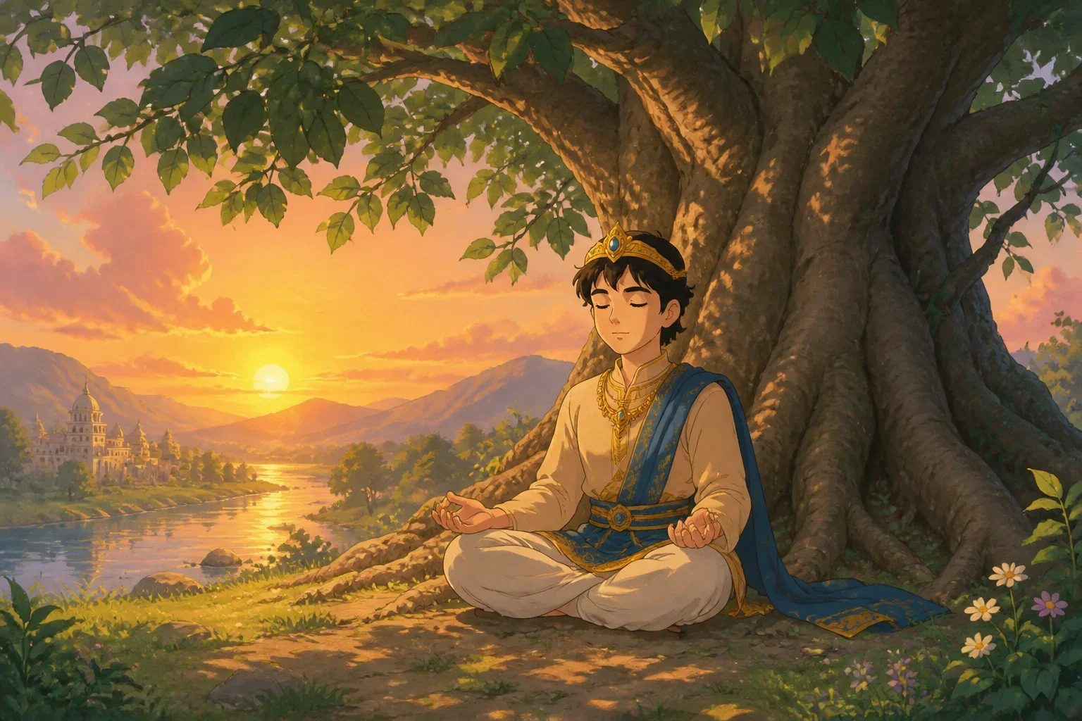 Young prince Siddhartha sitting beneath a large fig tree, meditating peacefully as night falls, surrounded by nature.