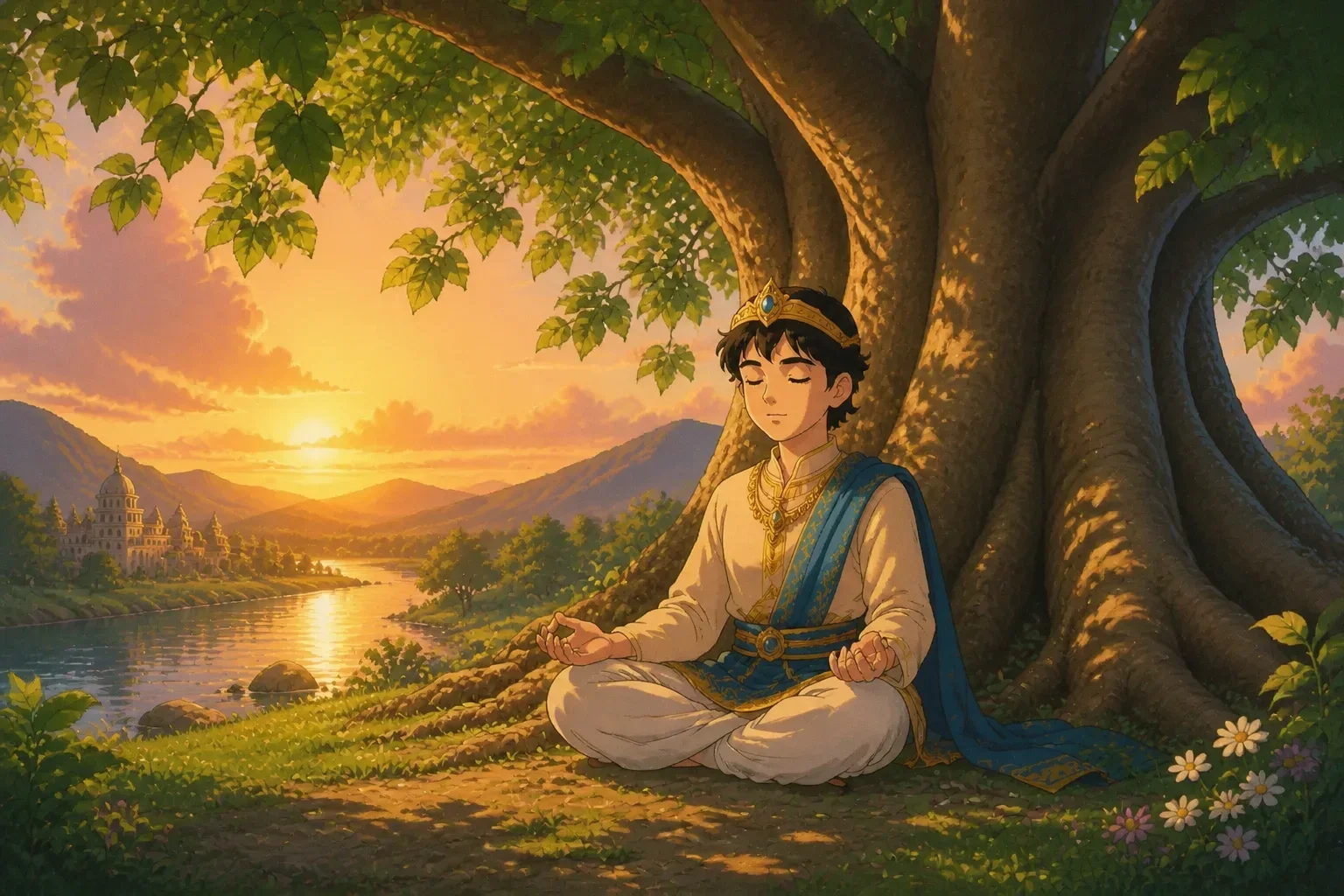 Siddhartha sitting peacefully in meditation under a large fig tree, with a look of calm and focus, surrounded by nature.
