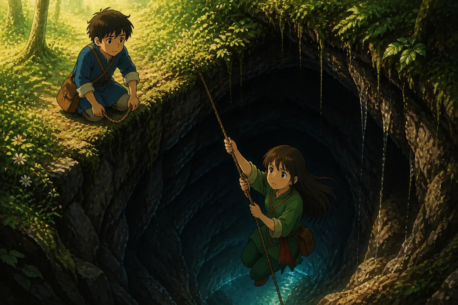 A caring sister carefully lowering herself into a damp, shadowy cavern using a sturdy rope, her face focused and determined, with her brother waiting anxiously at the top.