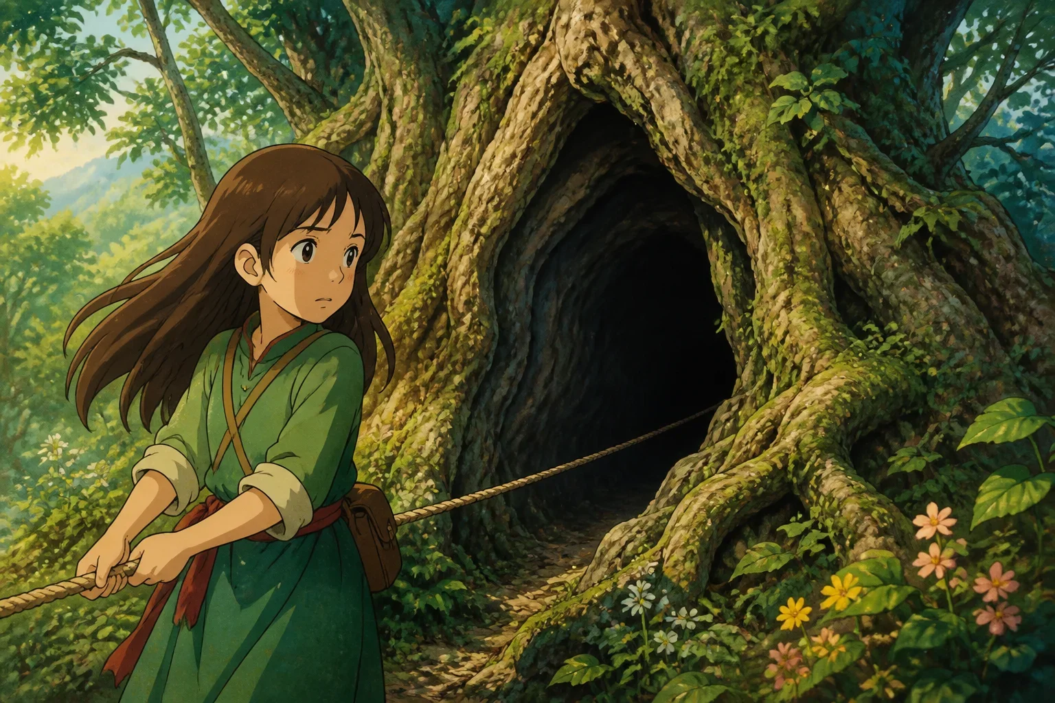 A brave sister holding a rope, peering into a shadowy cavern at the base of an ancient tree in a lush, green forest, showing concern and determination.
