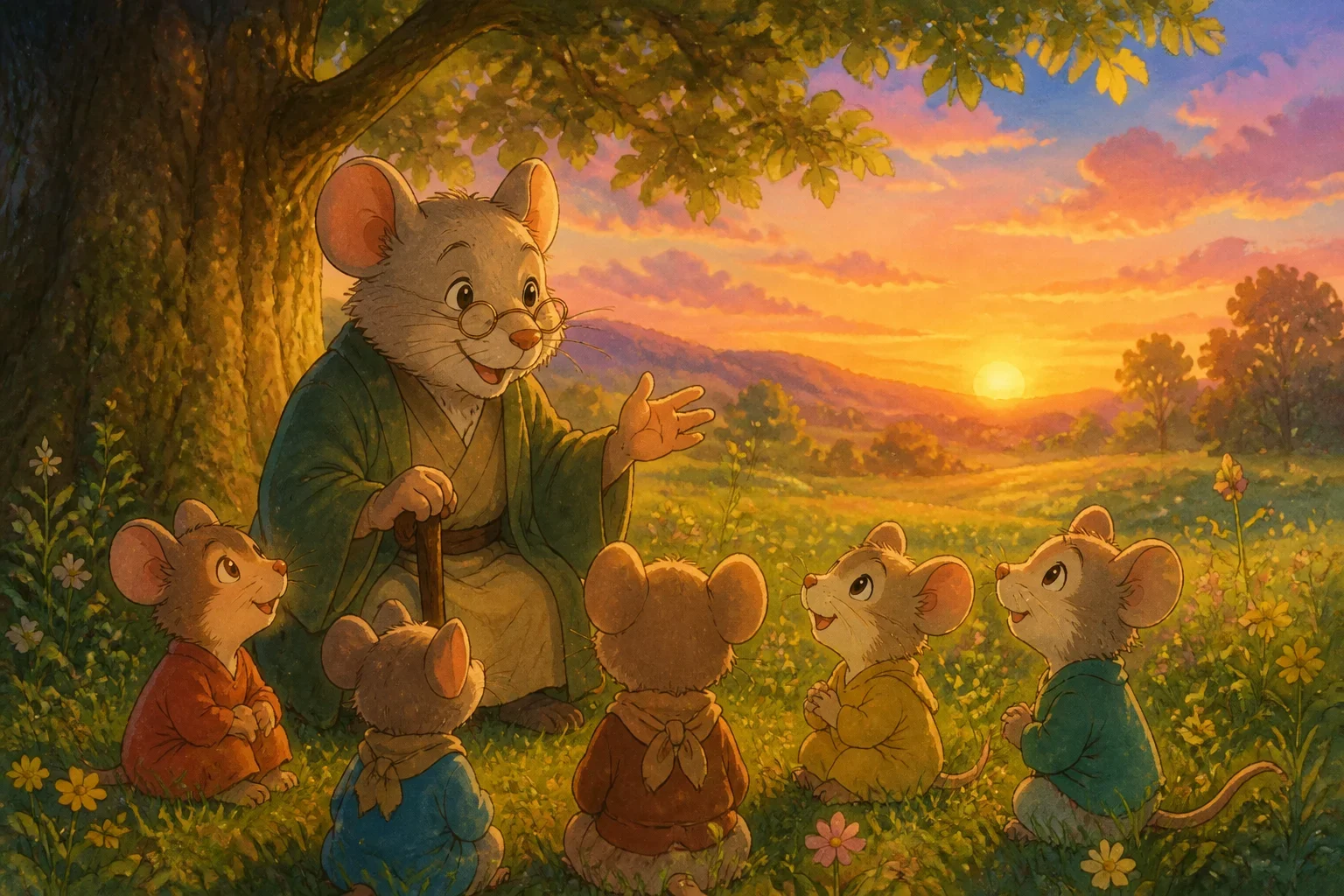 A wise old mouse named Mr. Squeaks with glasses, standing in a lush green field, speaking to a group of younger mice while a large oak tree and a sunset backdrop create a peaceful scene.