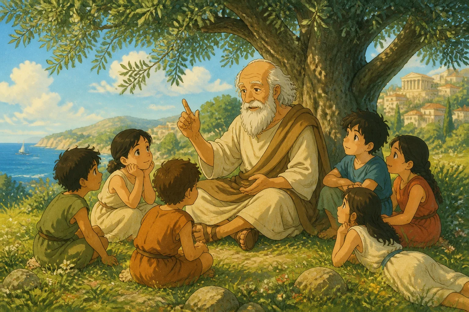 Socrates, an old philosopher with a long white beard and kind eyes, sitting under a large olive tree as children listen eagerly to his story.