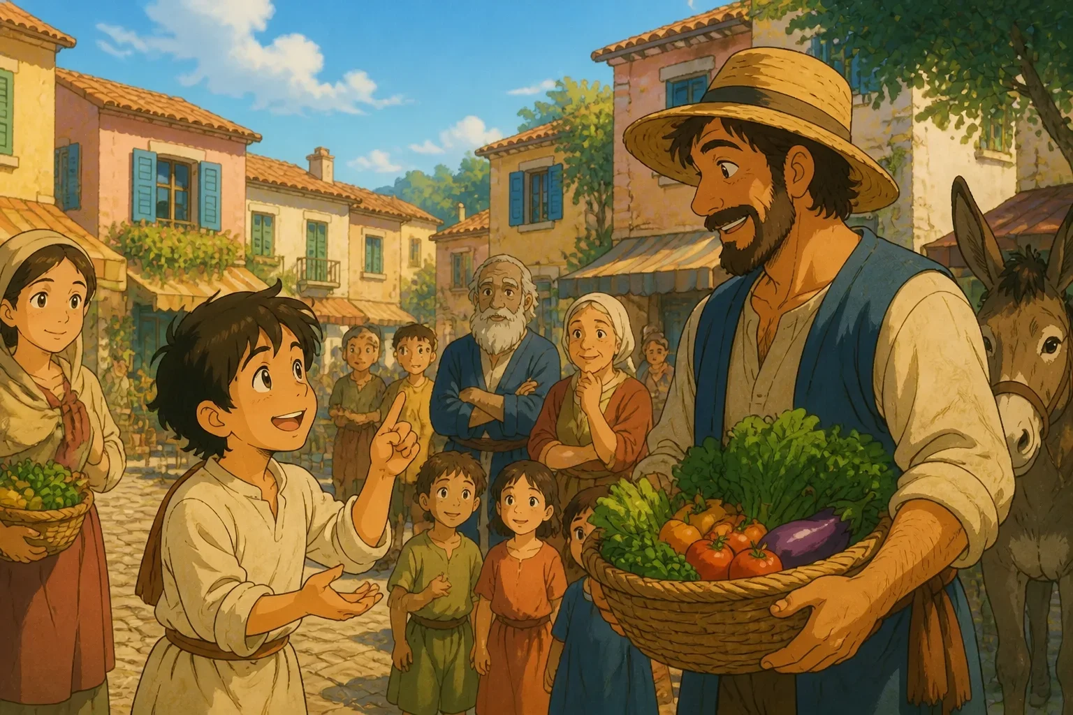 A young boy asking questions to a farmer in a vibrant village square, illustrating curiosity and inquiry.