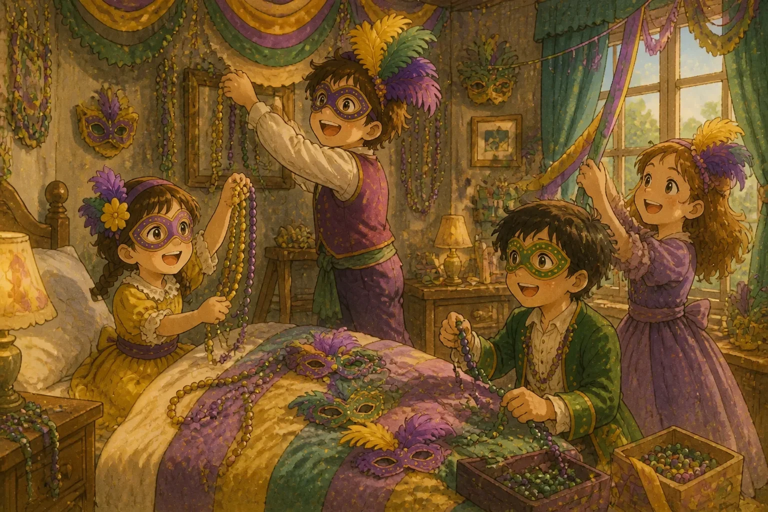 A young girl decorating her friend’s room with colorful beads, masks, and banners, with her friends helping out, expressing kindness and teamwork.