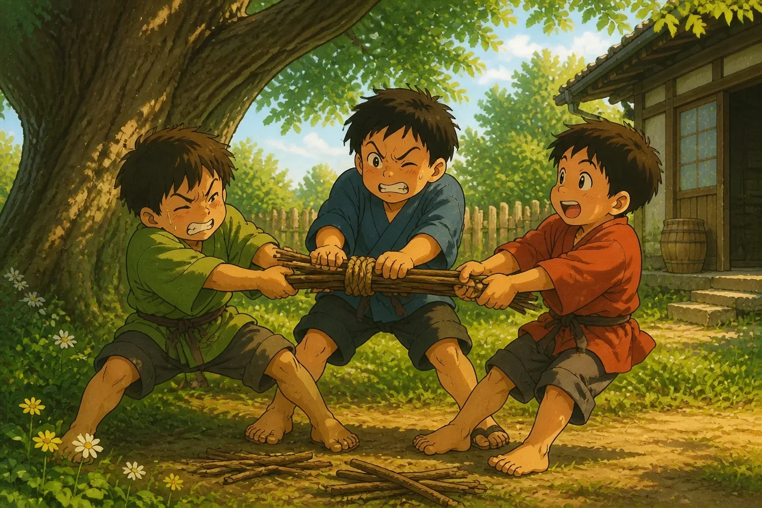 Three young boys, each trying to break a tightly bound bundle of sticks, showing determination and effort in a sunny backyard.