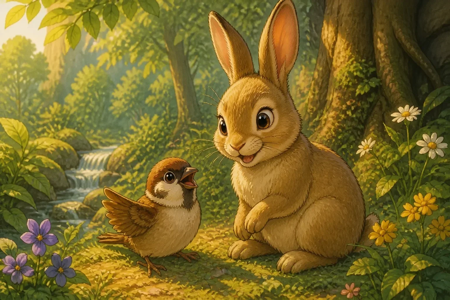The sparrow and the rabbit happily sharing a moment together in the forest, showing their friendship and gratitude.