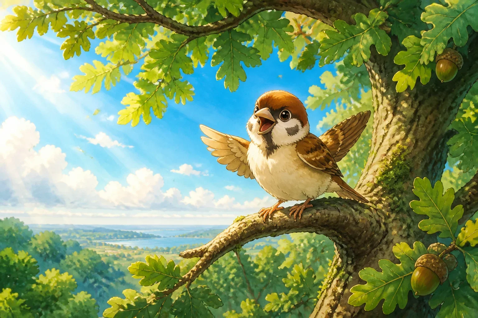 A cheerful little sparrow named Sylvie sitting happily on a tall tree branch in a lush, green forest.
