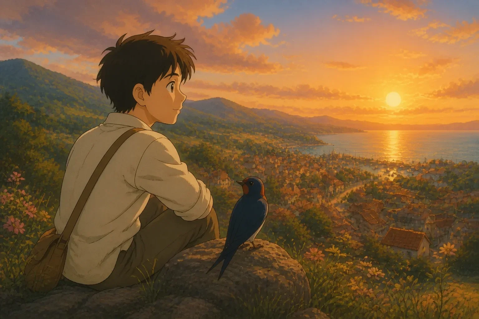 Leo and the swallow overlooking the village from a hilltop at sunset, Leo looking thoughtful and inspired about balancing life, with the colorful village below.