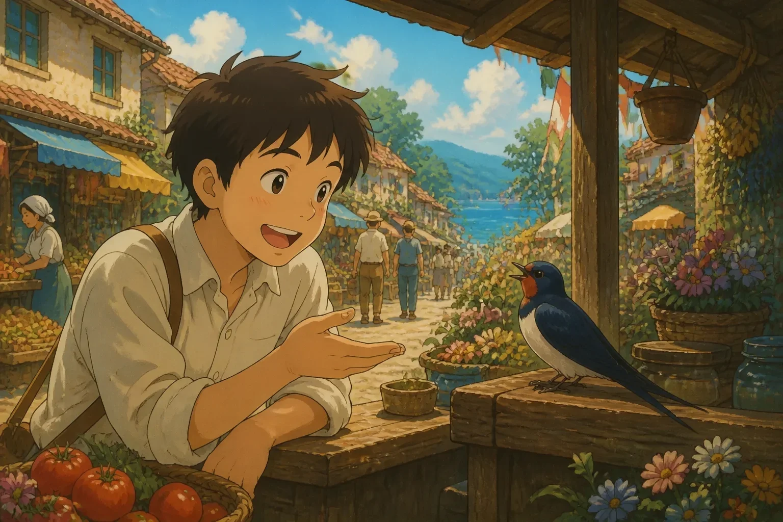 A young man with pockets full of coins talking happily to a wise swallow perched on a wooden beam in the marketplace, with market stalls and villagers in the background.