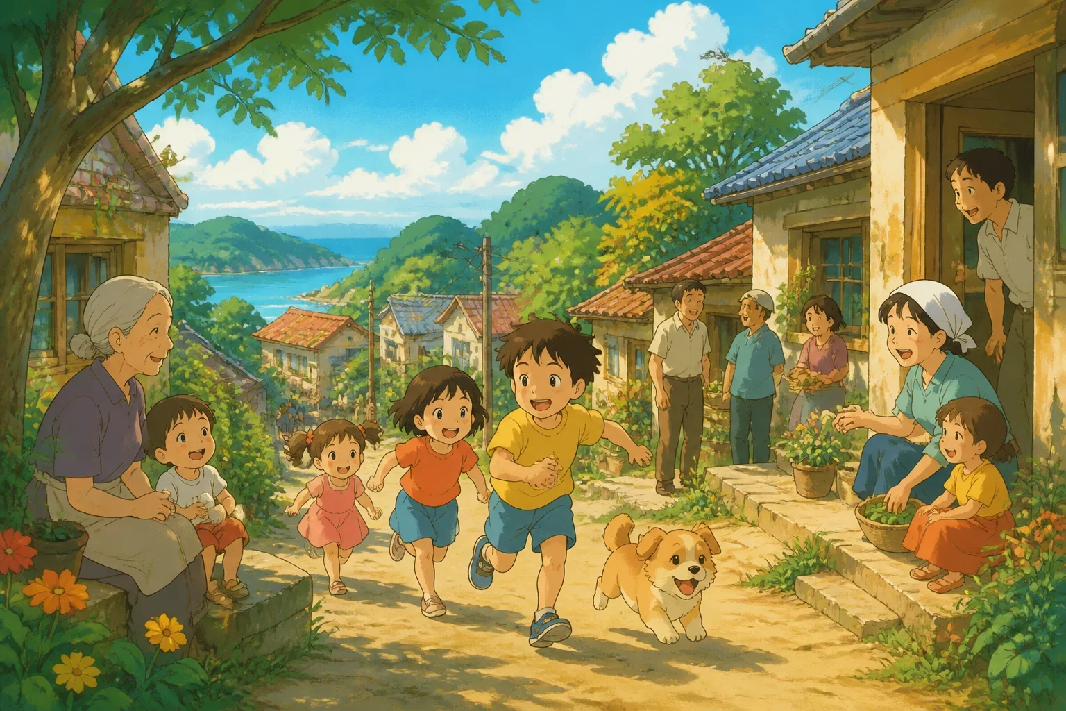 A lively village scene with children playing, villagers sharing stories, and colorful houses under a bright sky, capturing the cheerful atmosphere of the story's setting.