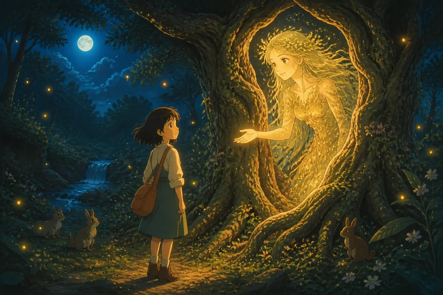 A glowing, ethereal forest spirit emerging from the gnarled old tree in a moonlit glade, with a soft, serene expression and sparkling eyes.
