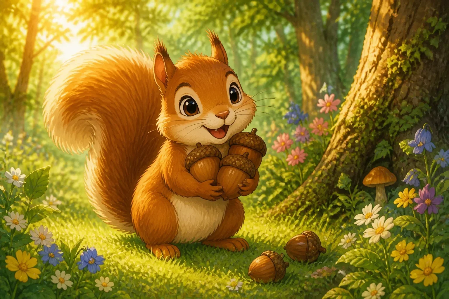 A fluffy squirrel named Sammy holding a bunch of acorns while sitting in a sunny forest clearing, smiling warmly.