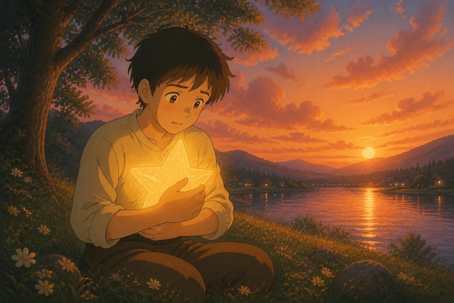 The traveler holding the star close to his chest as its glow begins to fade, looking worried and tender, with a sunset in the background.