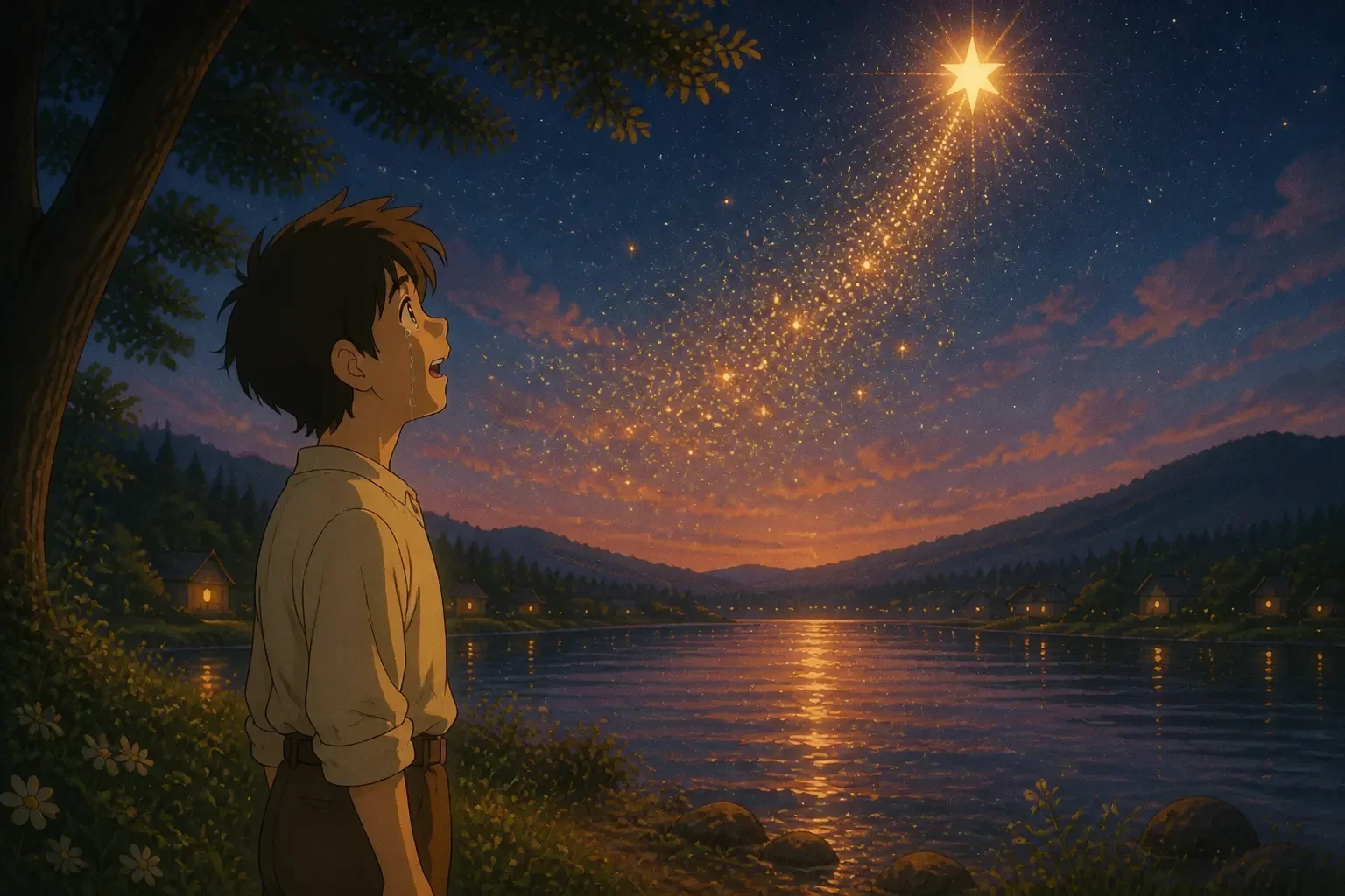 The star ascending into the night sky, exploding into a cascade of shimmering lights, with the traveler watching tearfully but peacefully.