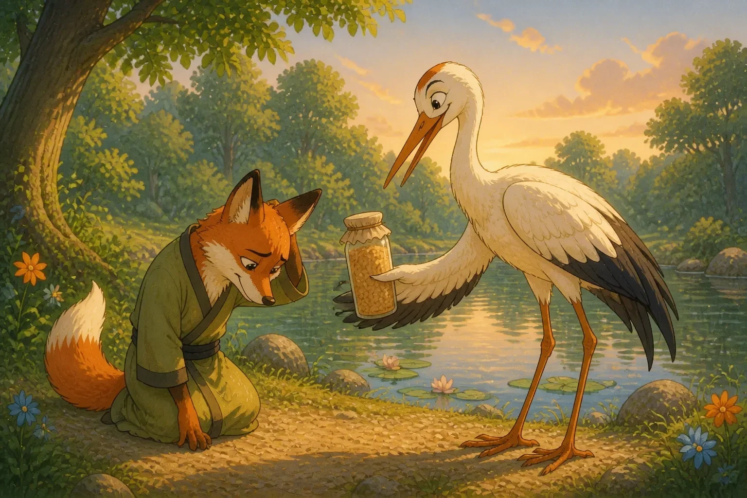 A wise stork serving food in a tall, narrow jar to a humbled fox beside a tranquil pond, both characters showing understanding.