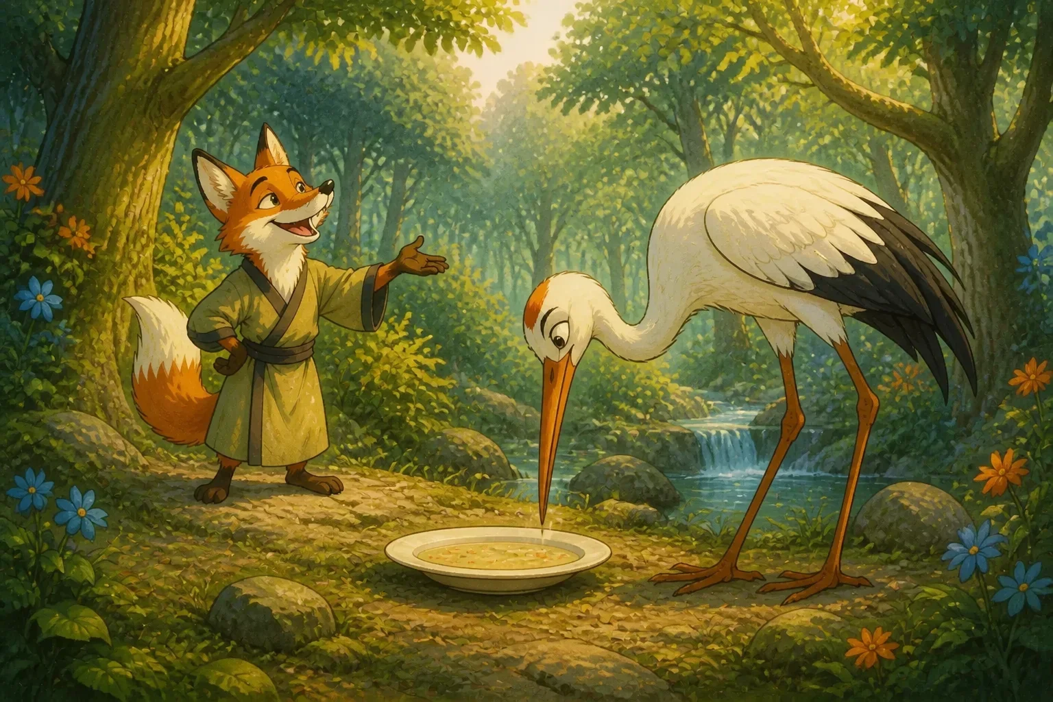 A tall, elegant stork with a slightly disappointed expression attempting to eat soup from a flat dish, in a woodland setting.