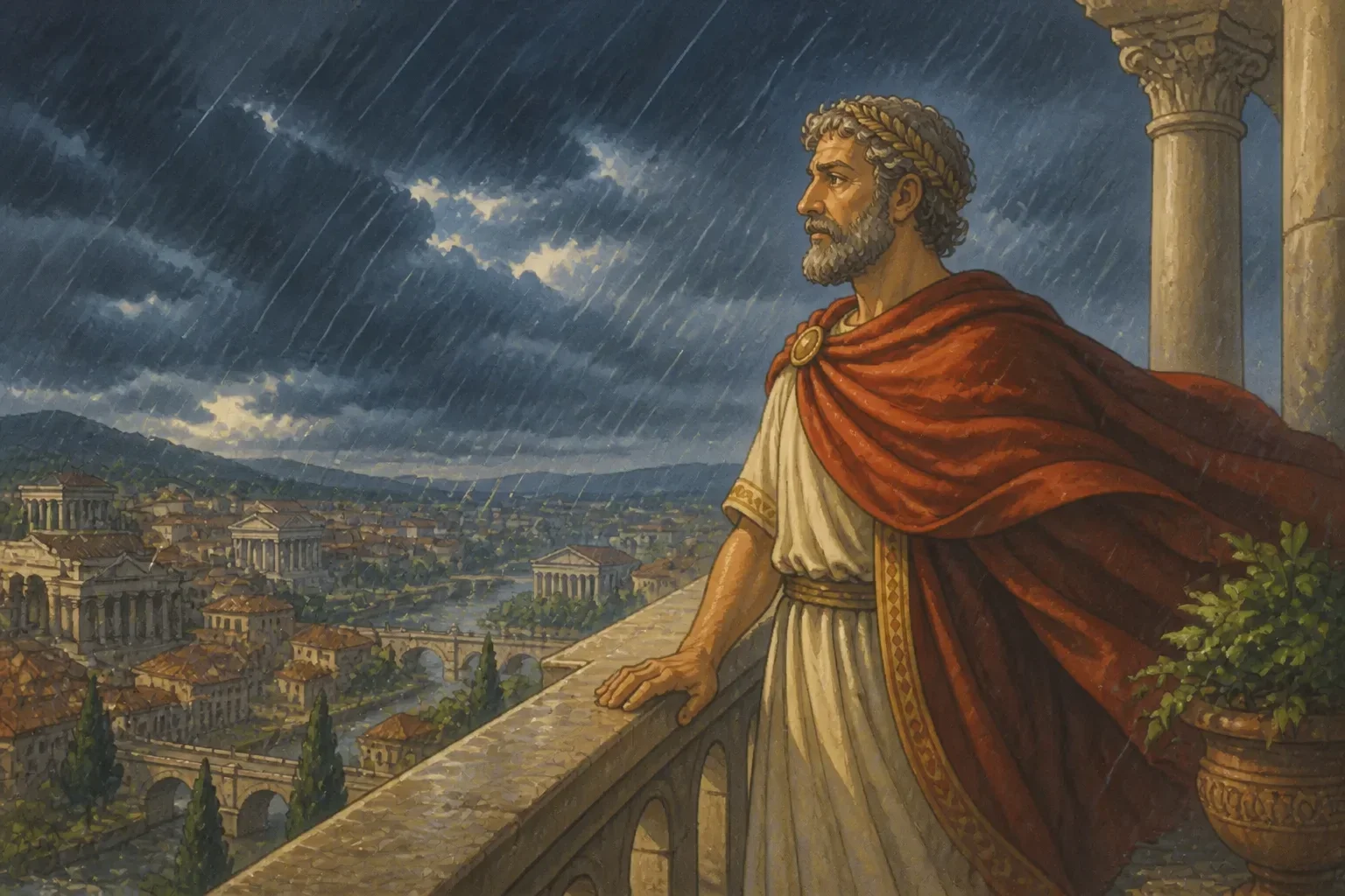 Emperor Marcus Aurelius gazing thoughtfully at a stormy sky from his balcony, inspiring citizens to stay resilient and calm amidst a fierce storm.