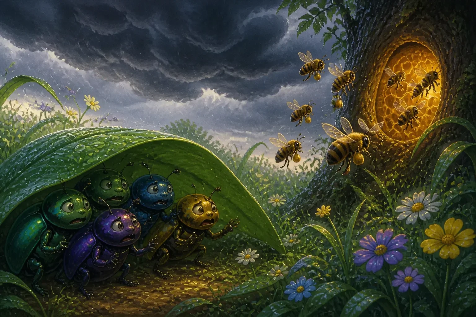 Dark storm clouds gathering over a garden, with bees hurriedly heading into their hive and beetles looking for shelter amidst heavy rain and wind.