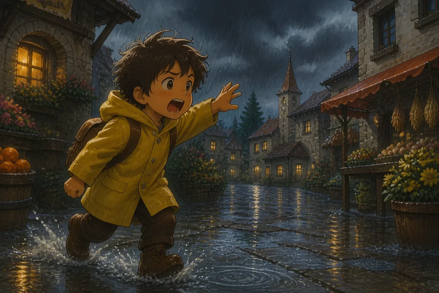 A young boy calling out in the rain, looking worried as he searches for Snowball, who is nowhere to be found amidst dark, pouring rain and grey skies.