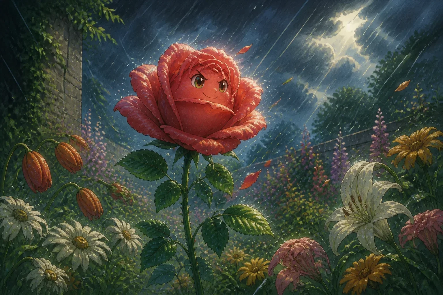 The proud rose struggling against a fierce storm, with heavy rain and strong winds, while other flowers are bending low and sheltering.