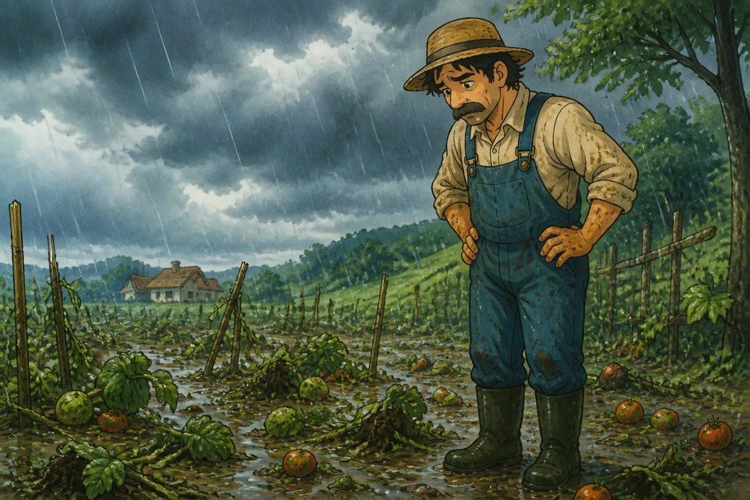 A concerned farmer stands in his garden amidst a stormy scene with dark clouds and heavy rain, looking at the damaged plants with a worried expression.
