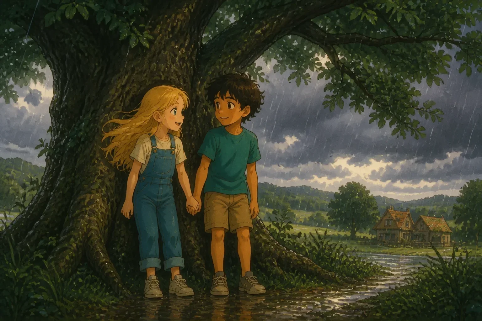 Seraphina and Aiden taking refuge under the large, sturdy branches of the Heartwood Tree during a fierce storm, holding hands and feeling hopeful.
