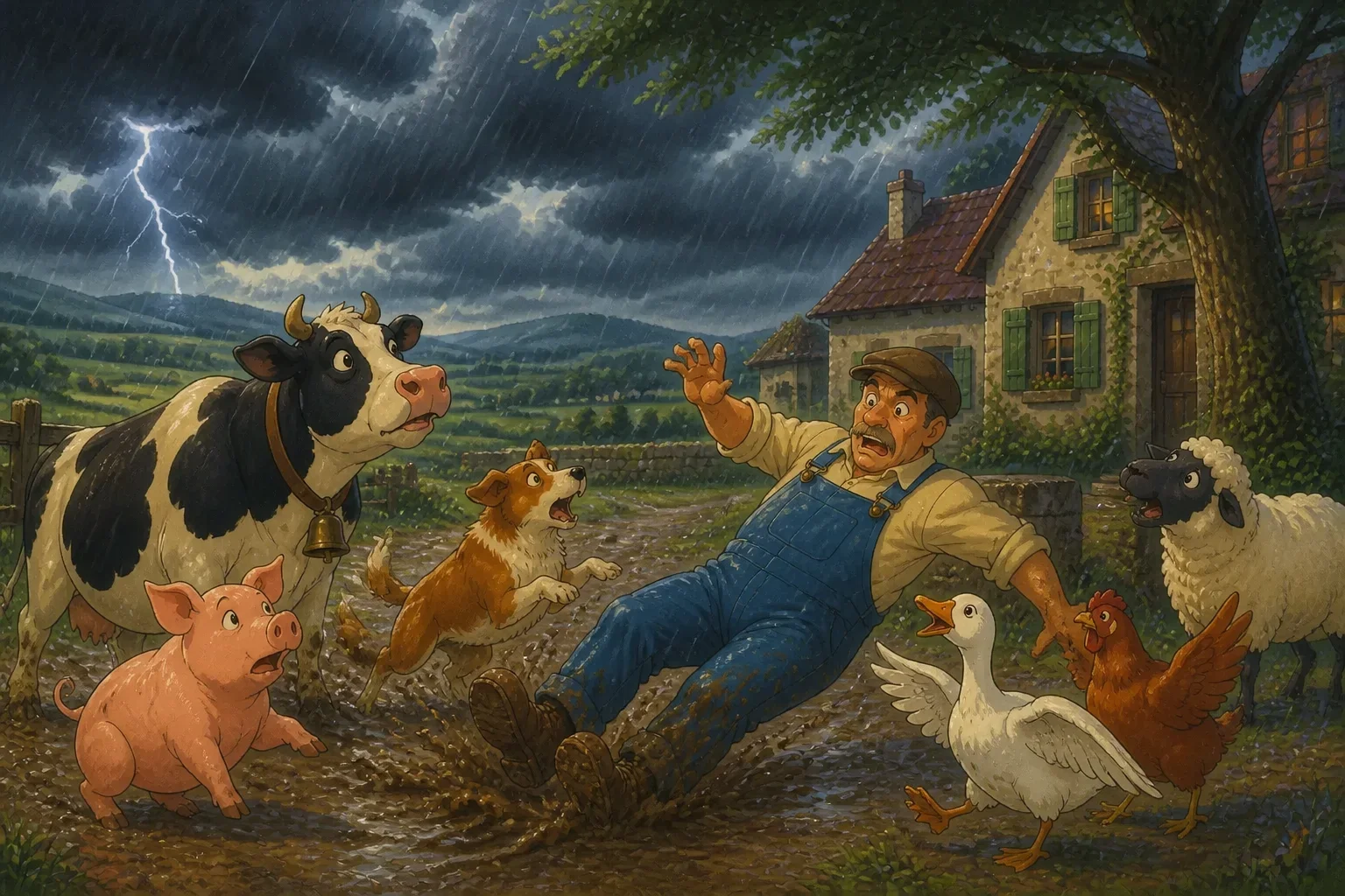 The farm during a sudden storm, with wind and rain swirling as Mr. Blake slips and falls into a muddy puddle, while Bella, Spark, Max, and Whiskers come to his aid, showing care and teamwork amidst the storm.