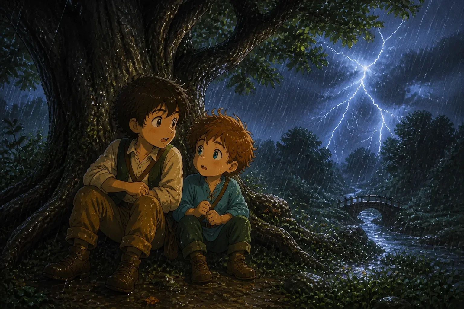 The two boys taking shelter under a large tree during a fierce thunderstorm, lightning flashing in the sky and rain pouring down.