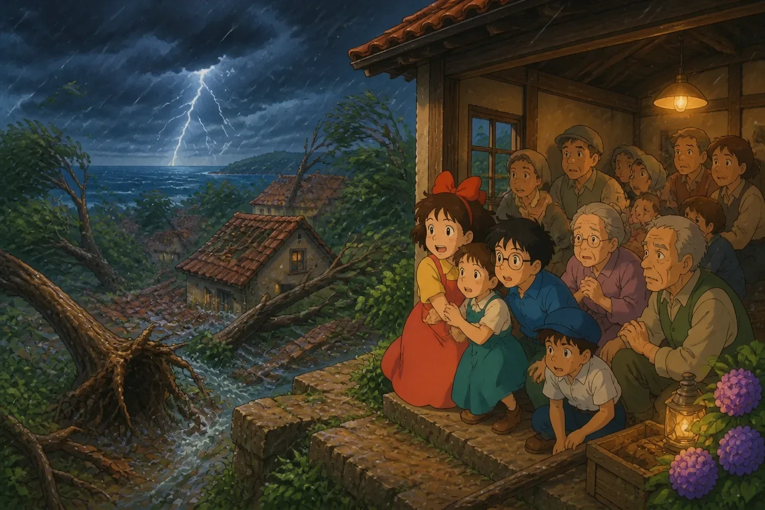 A fierce storm unleashing with howling wind, pouring rain, and uprooted trees in a village setting, villagers seeking shelter and helping each other.