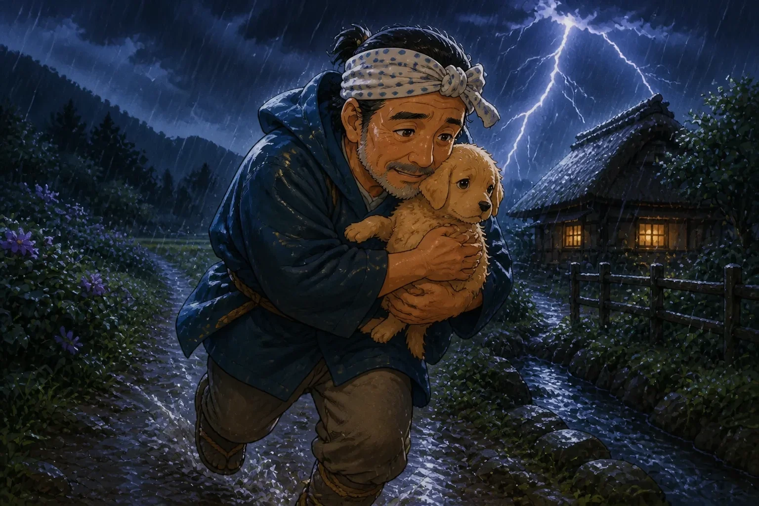 During a fierce storm, Kaito, wearing a raincoat, rushes outside in heavy rain to comfort his drenched and shivering dog, Hachi, holding him securely as lightning flashes in the background.
