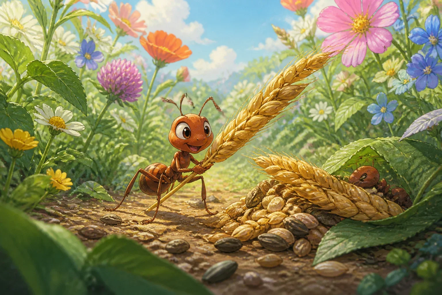Anton the ant diligently collecting grains of wheat in a lush, sunny meadow filled with flowers.