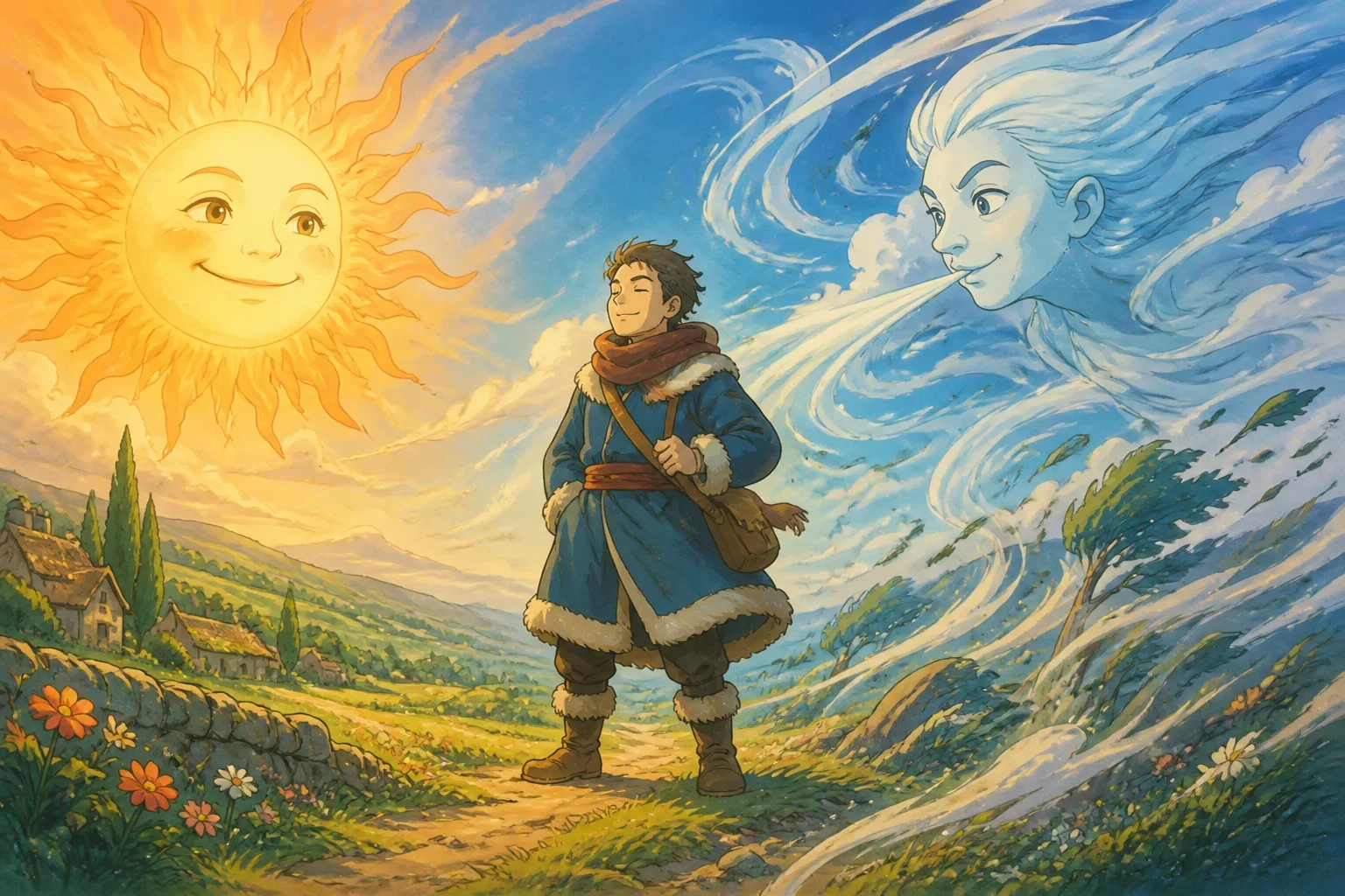 The Sun and the Wind challenge each other to make a traveler remove his coat, with the Wind gusting fiercely and the Sun shining softly.