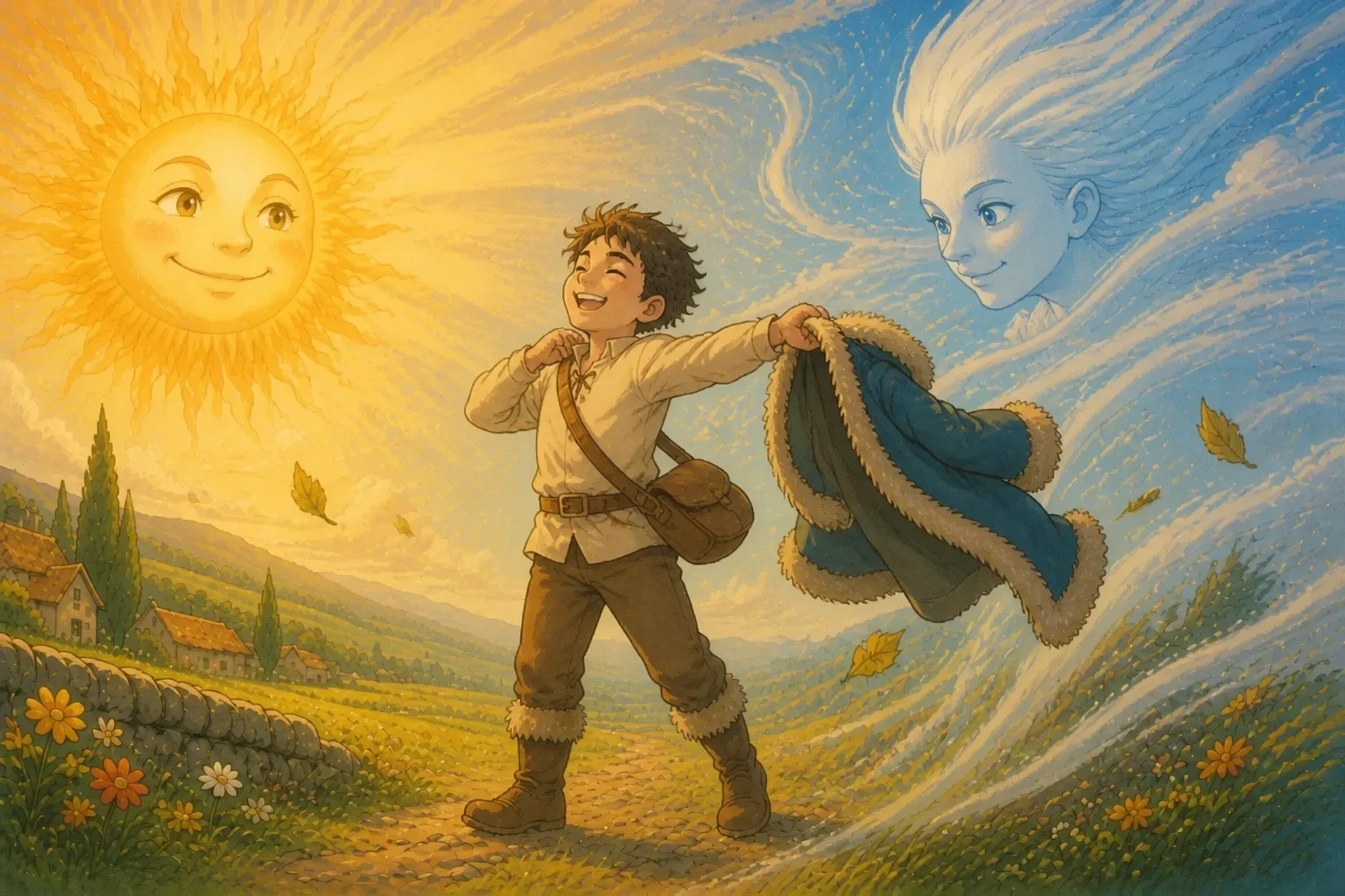 The Sun shines brightly and gently on a traveler who is happily removing his coat in response to the warm rays.