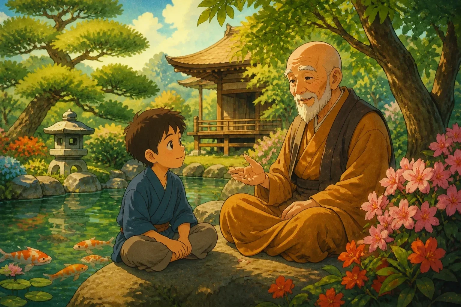 A young boy looking attentive and curious as he listens to an elderly monk sharing a story, sitting on a stone at the temple, with a peaceful garden background.