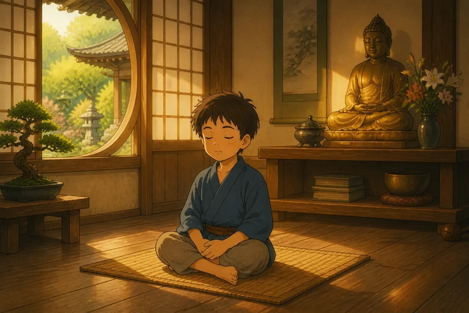 A determined young boy sitting cross-legged on a simple mat in a quiet corner of the temple, practicing deep breathing with a peaceful expression, inside a serene temple room.