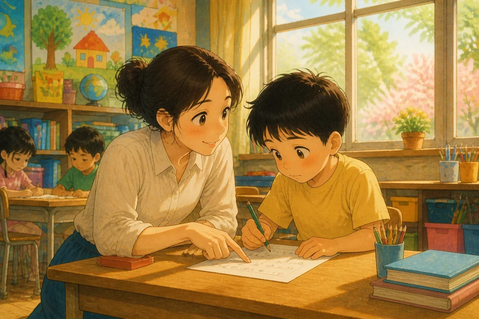 A teacher assisting a student with math problems, sitting together at a desk with books and papers.