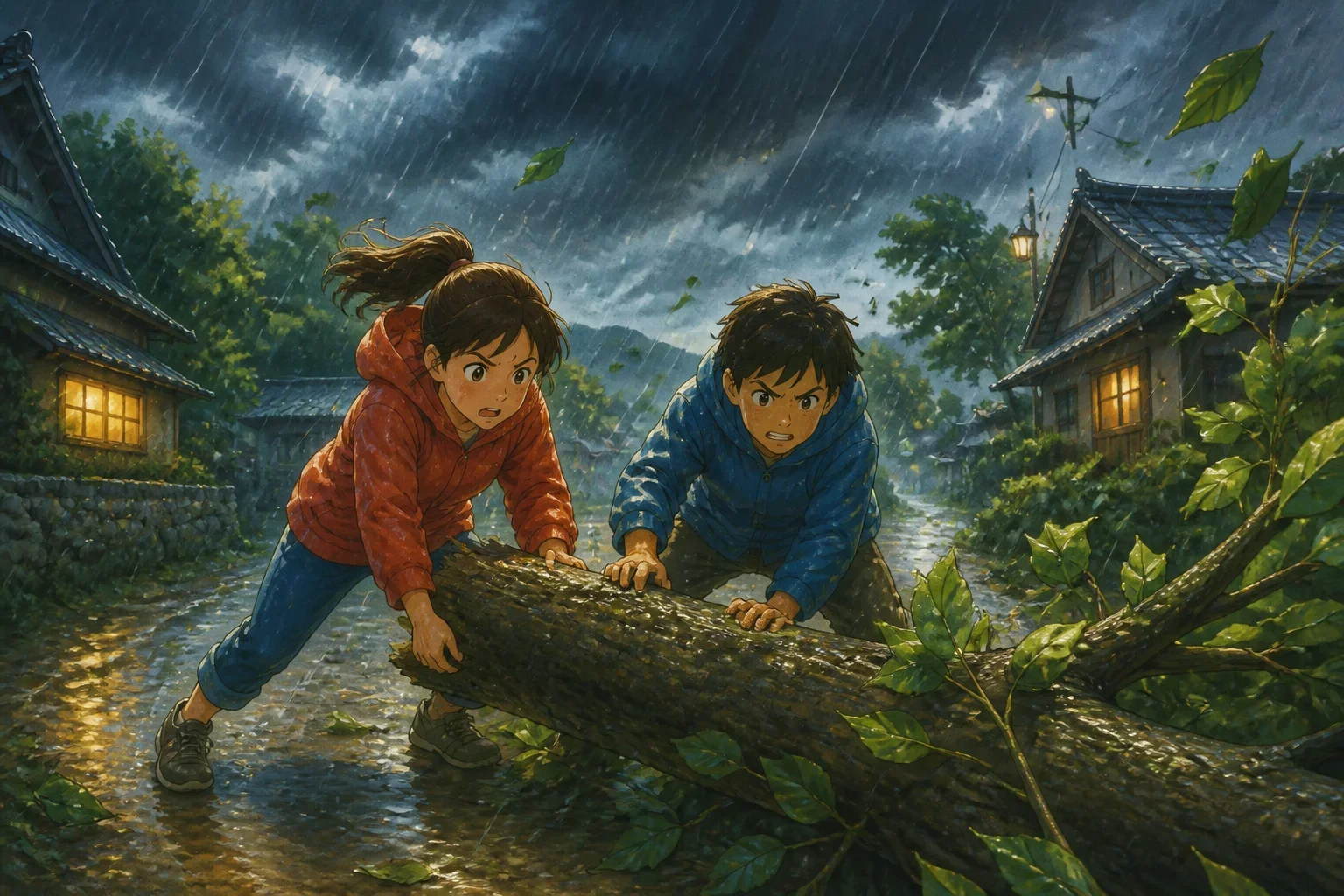 Two teenagers working together to clear a fallen tree blocking a village road during a fierce storm, with dark clouds and rain overhead, demonstrating teamwork and bravery.
